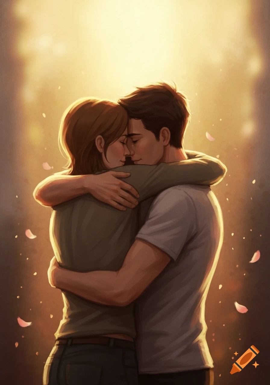An illustration of a loving couple embracing in warm, glowing light with soft pink petals falling around them.