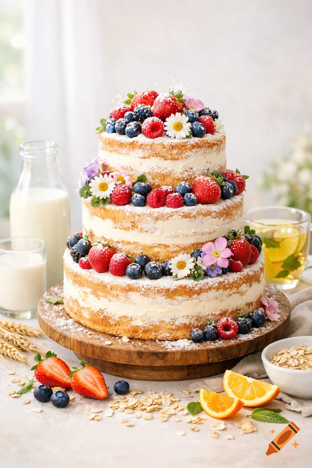 A three-tiered naked cake with white frosting, decorated with fresh strawberries, blueberries, raspberries, and small flowers, on a wooden stand. Milk, oatmeal, and tea are nearby in a bright setting.