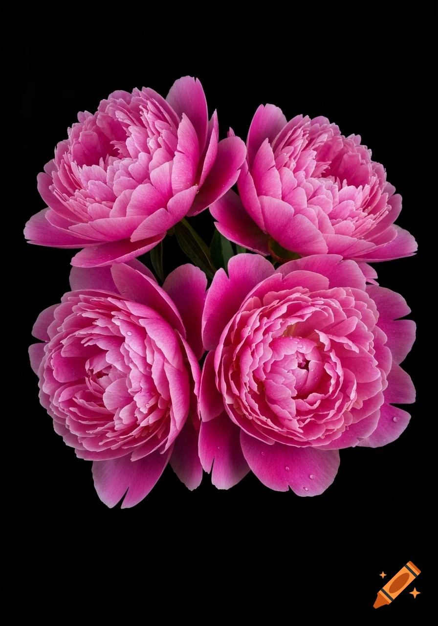 Four vibrant pink peonies bloom in close-up against a stark black background, showcasing intricate petals.