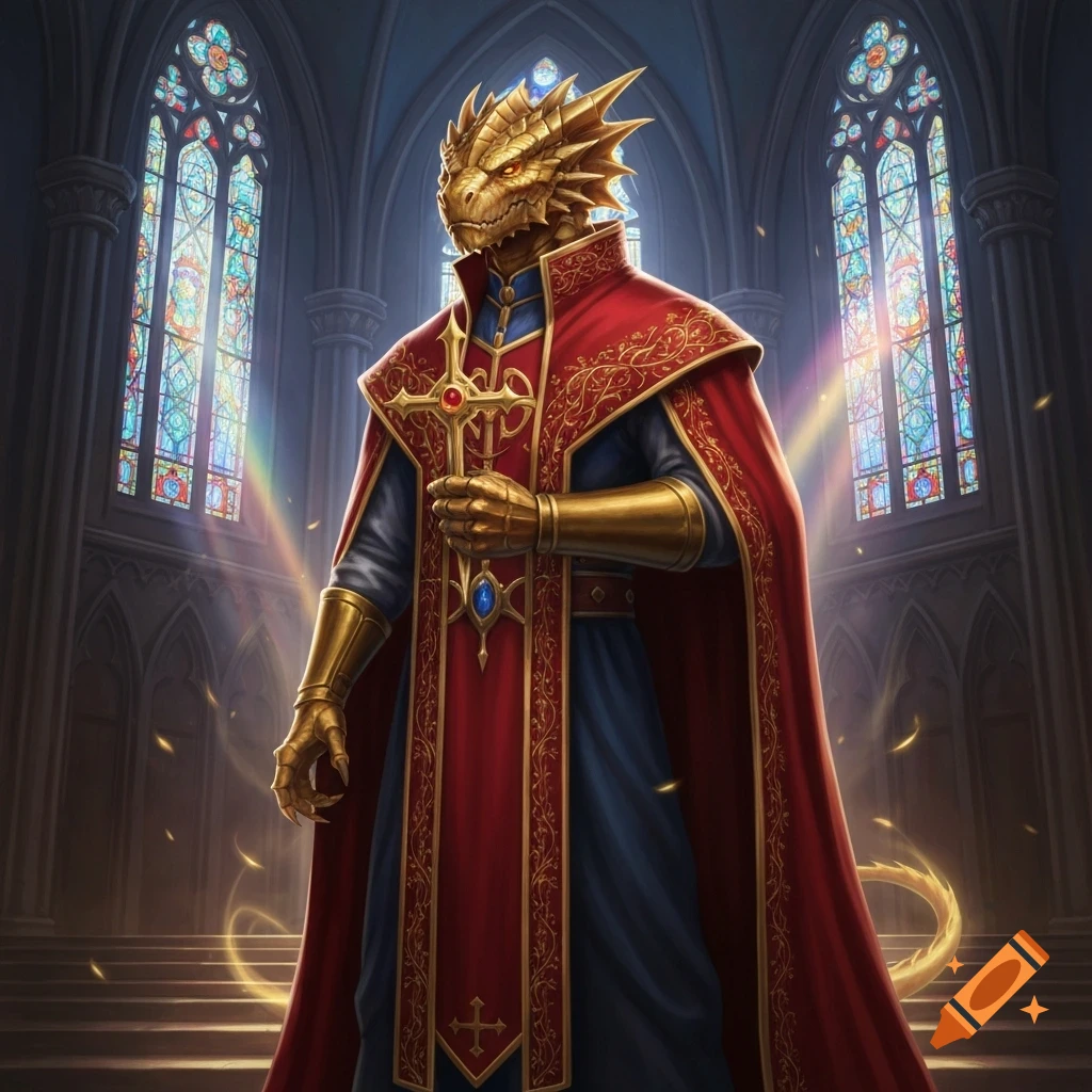 A golden dragonborn cleric in an ornate red and gold robe holds a cross ...