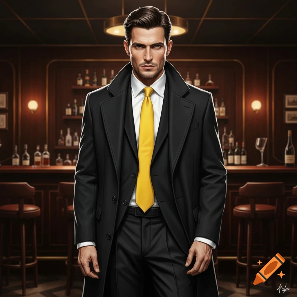 A man in a black overcoat, white shirt, and yellow tie stands in a dimly lit bar, looking at the viewer.