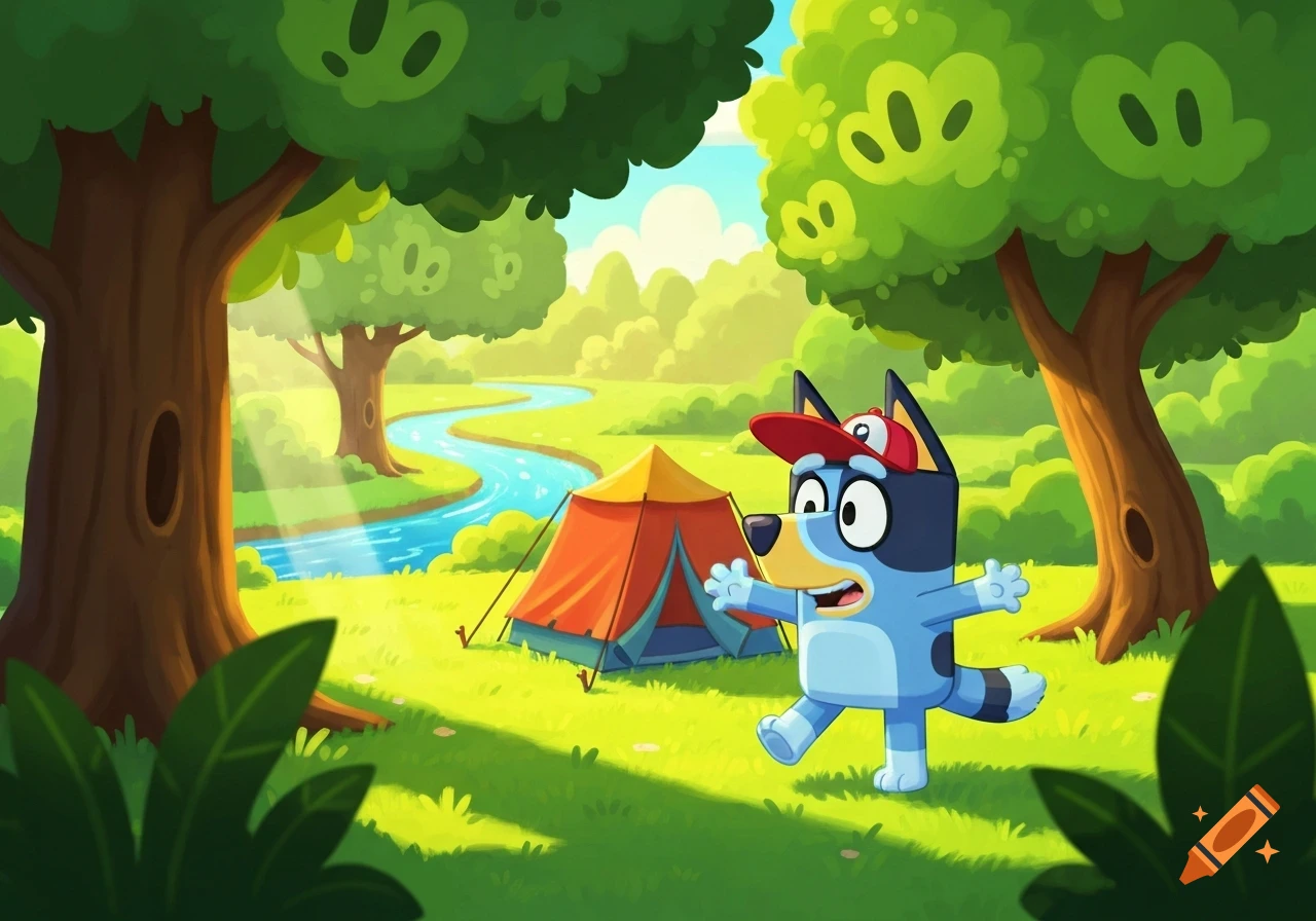 A cartoon blue dog wearing a red cap runs excitedly in a sunny forest clearing next to an orange tent by a winding river, camping.