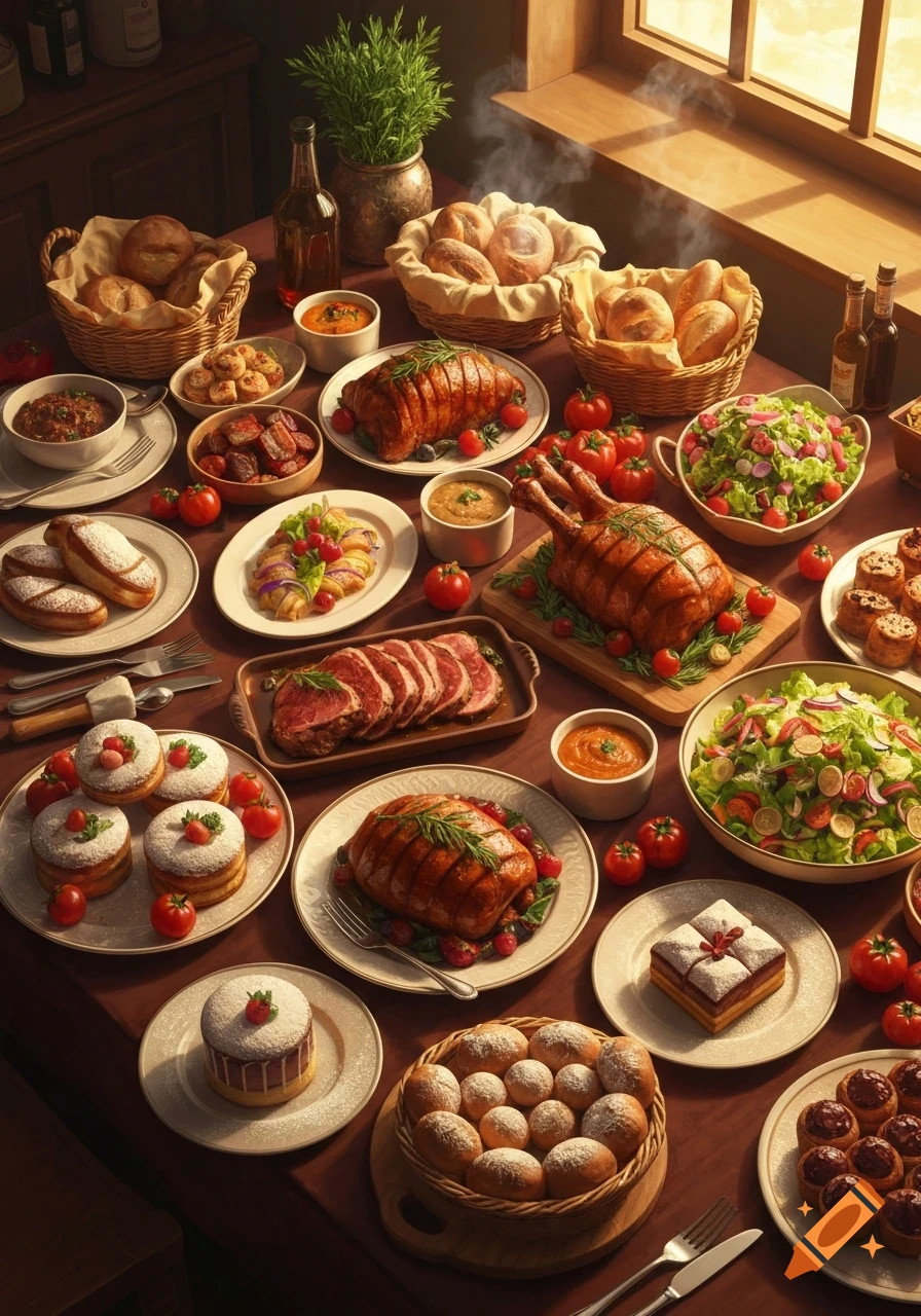 A lavish table spread with various roasted meats, salads, bread, and desserts in a warm, rustic setting.