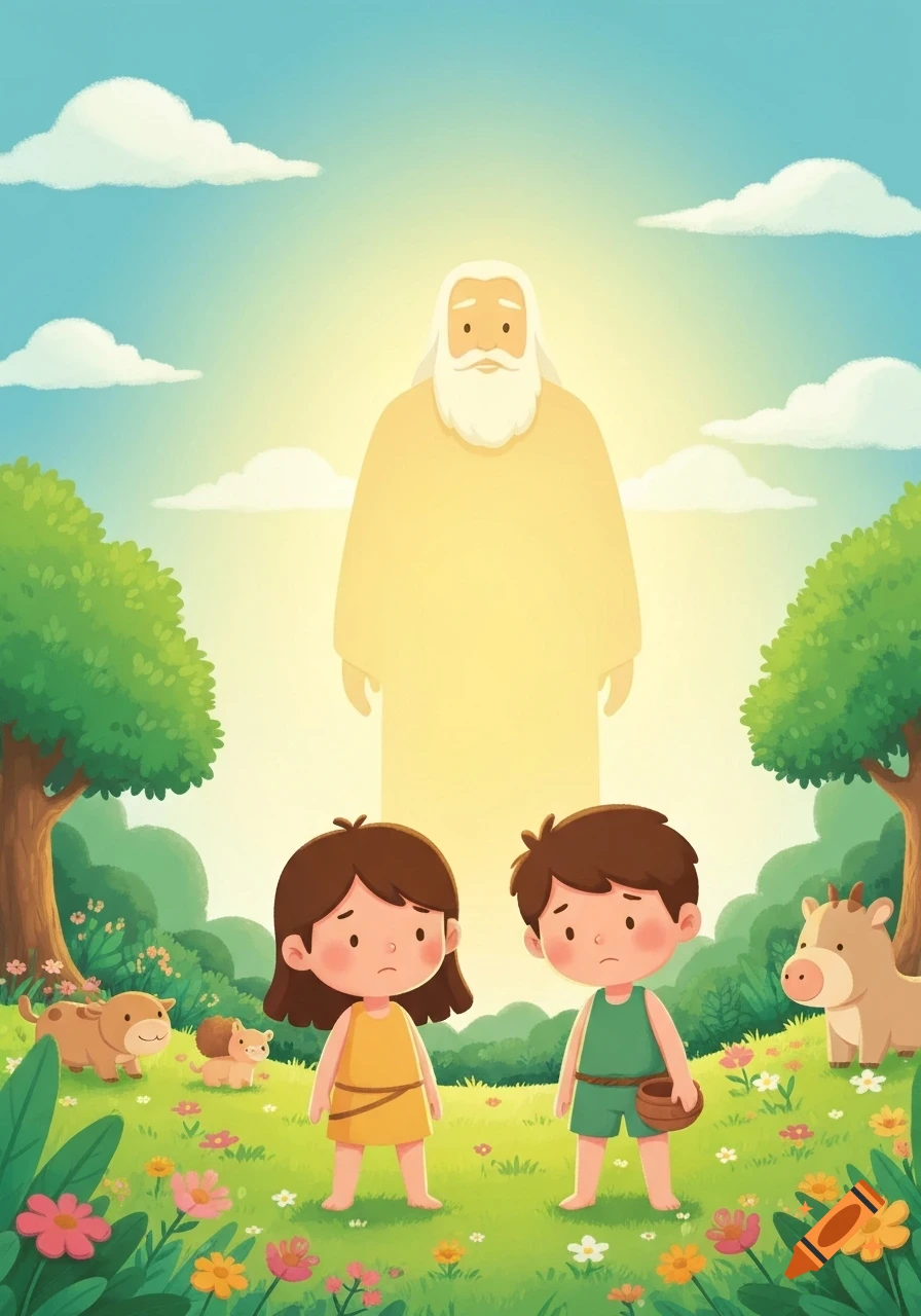 Child-friendly cartoon of Adam and Eve in a colorful garden with animals, looking up at a glowing, benevolent God in the sky.