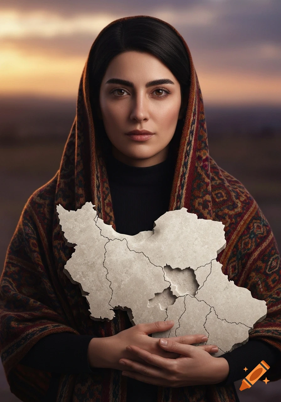 A woman wearing a patterned shawl and black top holds a stone map of Iran close to her chest, against a soft sunset background.
