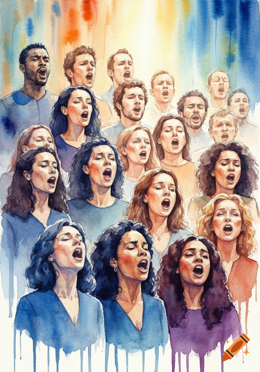 A watercolor painting of a diverse group of people singing in a choir, with vibrant paint drips at the bottom.