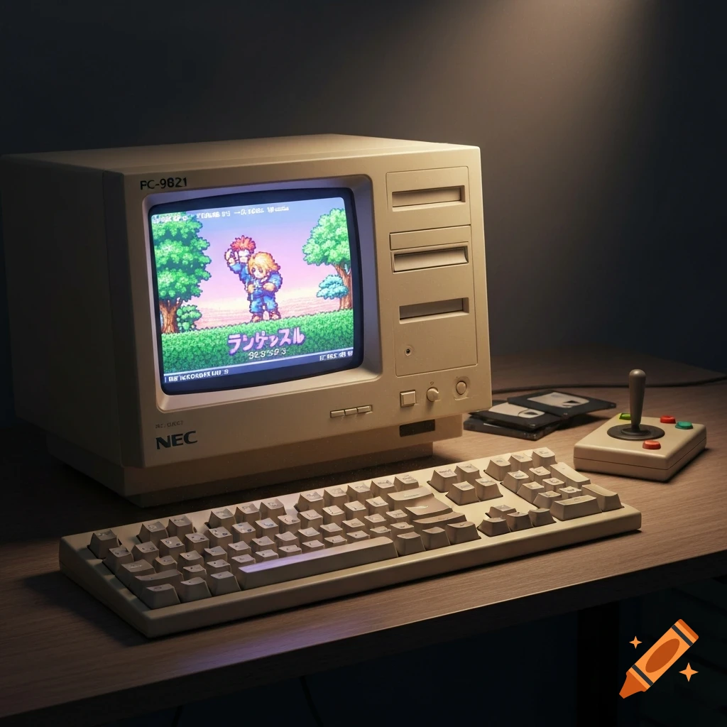 A beige NEC PC-9821 retro computer with an integrated monitor displays a pixel art game, accompanied by a keyboard, joystick, and floppy disks on a wooden desk.