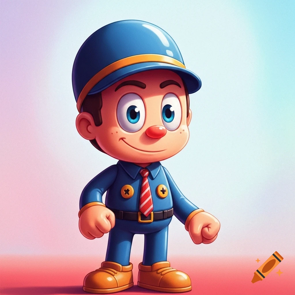 3D rendered cartoon boy in a blue uniform, striped tie, and cap, standing on a pink and blue gradient background.