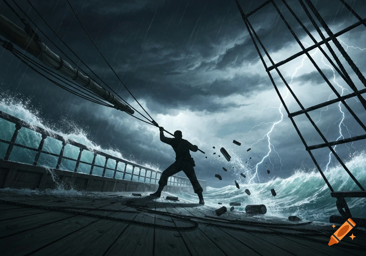 A lone figure battles a raging storm on a wooden ship deck, with massive waves, pouring rain, and dramatic lightning strikes.