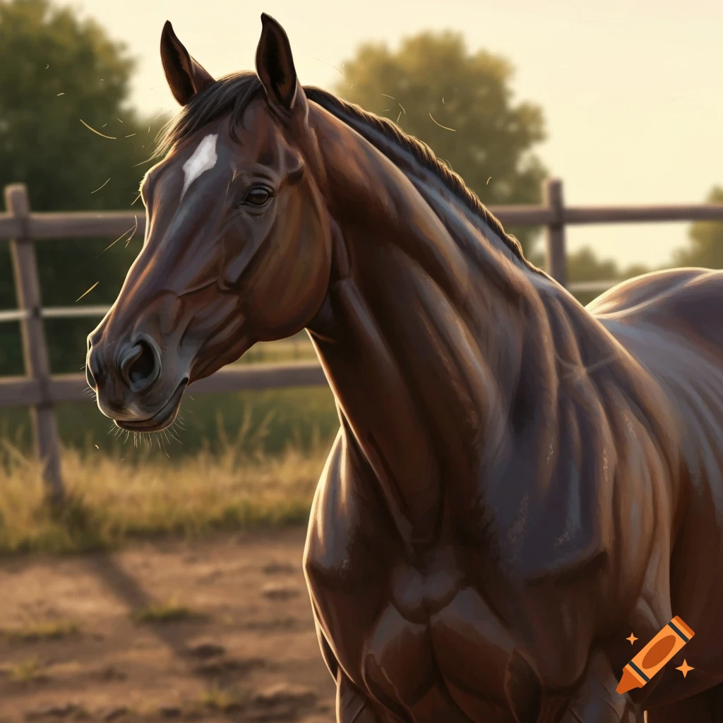A close-up, photorealistic shot of a brown horse with a white blaze on its forehead, standing in a sunny pasture.