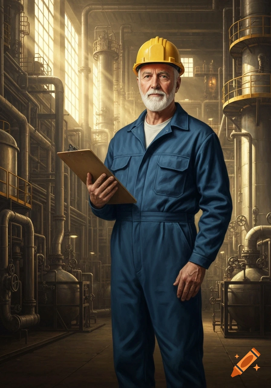 A senior engineer in blue coveralls and a yellow hard hat holds a clipboard in a chemical plant, rendered in a Renaissance painting style.