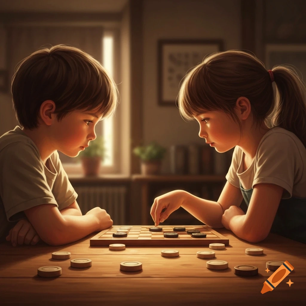 A boy and girl intently play checkers at a wooden table, rendered in a realistic style with warm lighting.