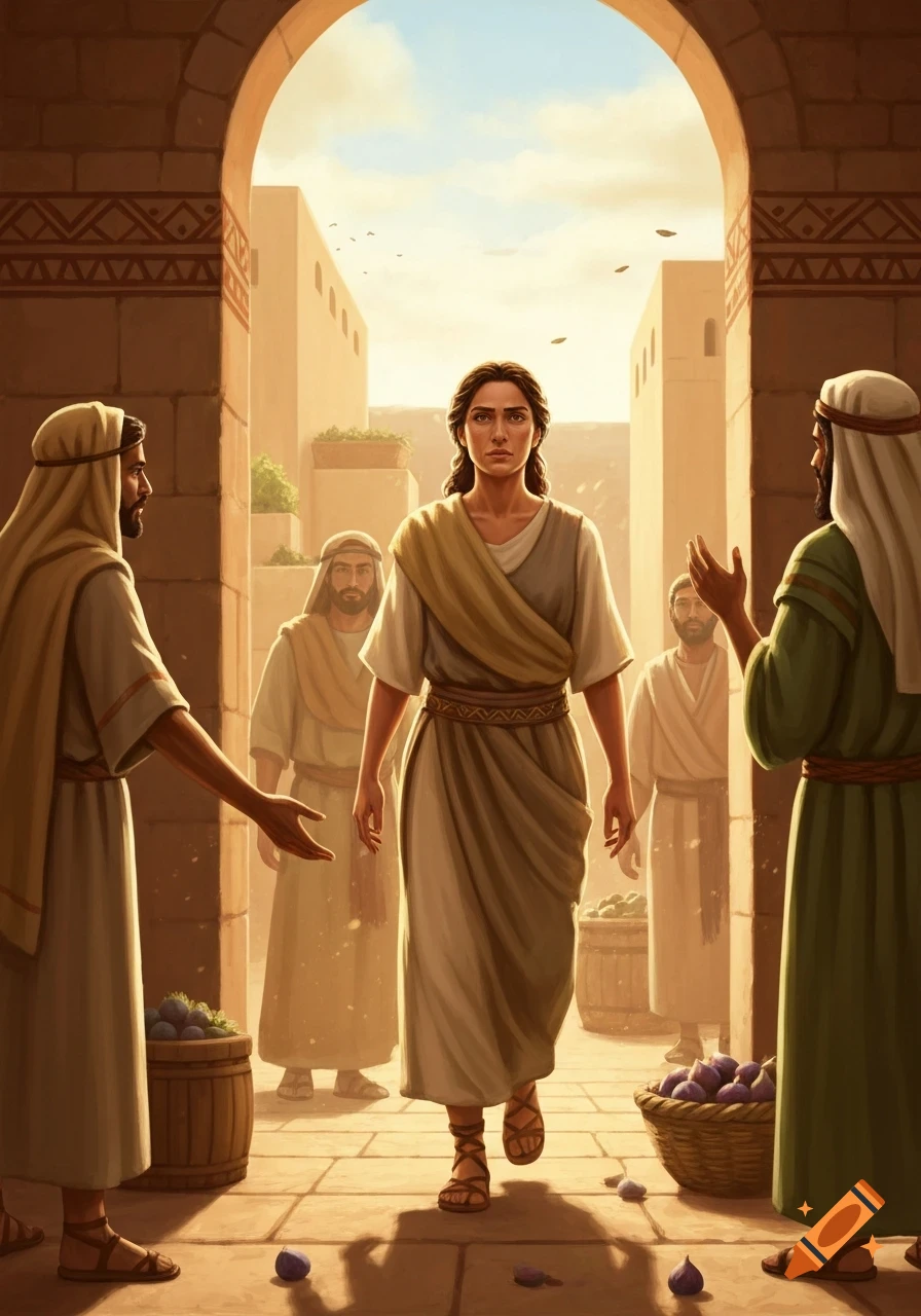 A woman in ancient robes walks through a sunlit archway in a historical town, surrounded by men and market baskets, illustrated.