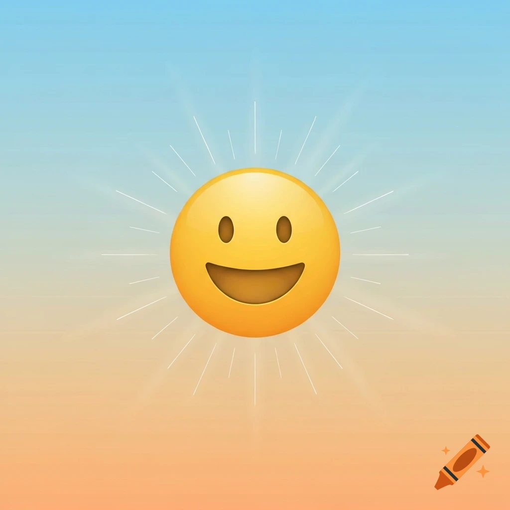 A yellow smiley face emoji with radiating sunbeams against a blue and orange gradient background.