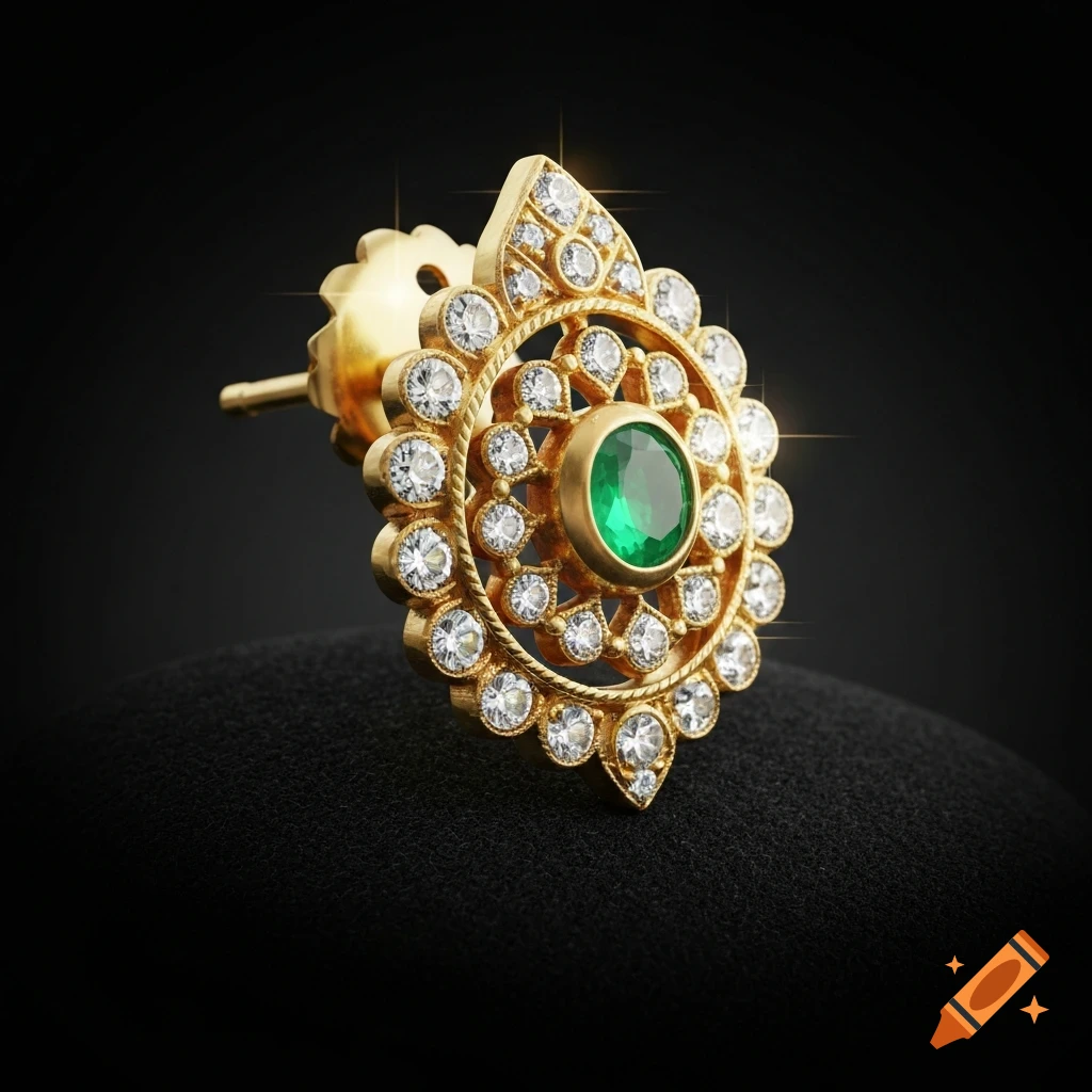 Gold earring with a central green emerald and surrounding diamonds on a dark background.