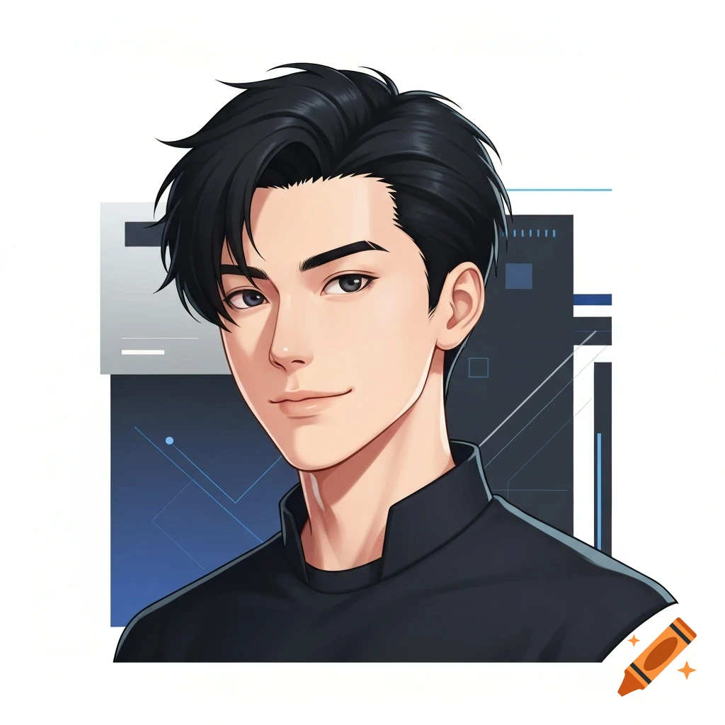 Anime style portrait of a young man with black hair, against a blue and grey abstract tech background.
