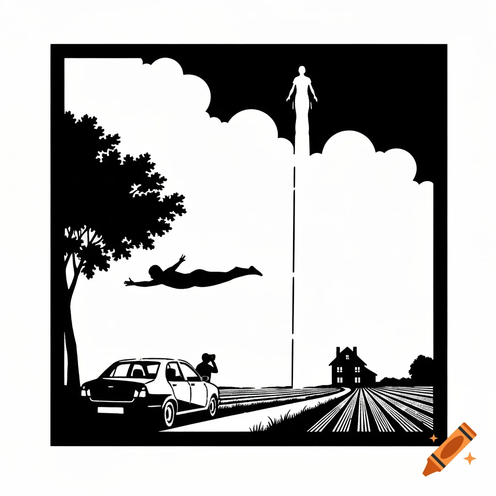 Black and white stencil art depicts a person floating over a road with a car, another figure in the distance ascending above a house.
