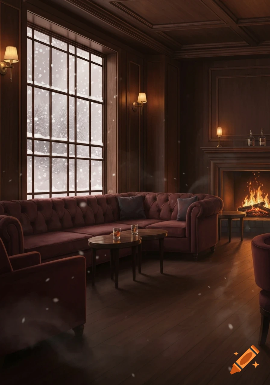 A cozy, dimly lit lounge with a deep red velvet sofa, a large window revealing a snowy forest, and a warm fireplace.