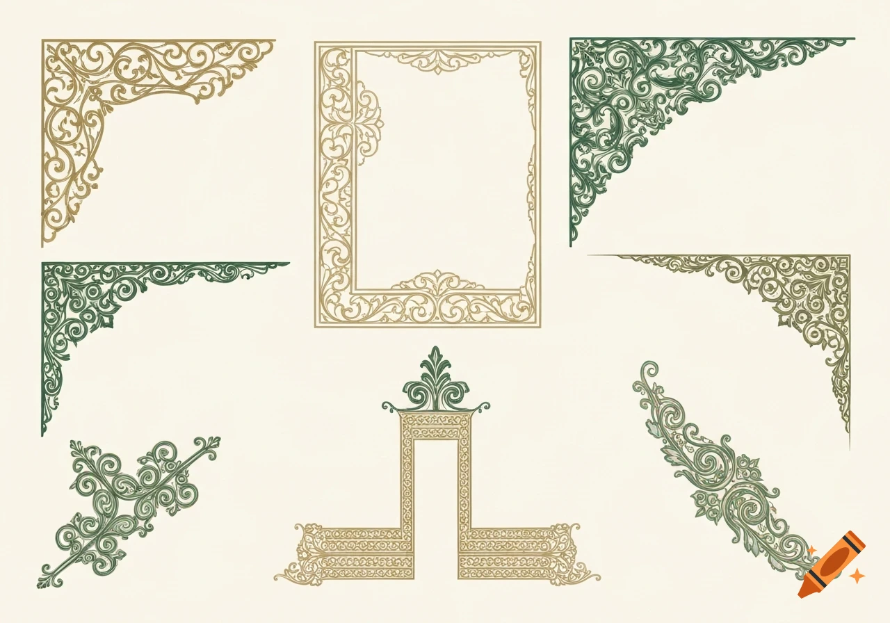Ornate clip art corners and a rectangular frame in gold and dark green on a light background.