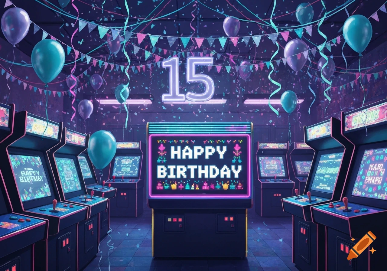 An arcade decorated with neon lights, balloons, and confetti for a 15th birthday celebration. A main arcade machine screen displays "HAPPY BIRTHDAY" in pixel art.