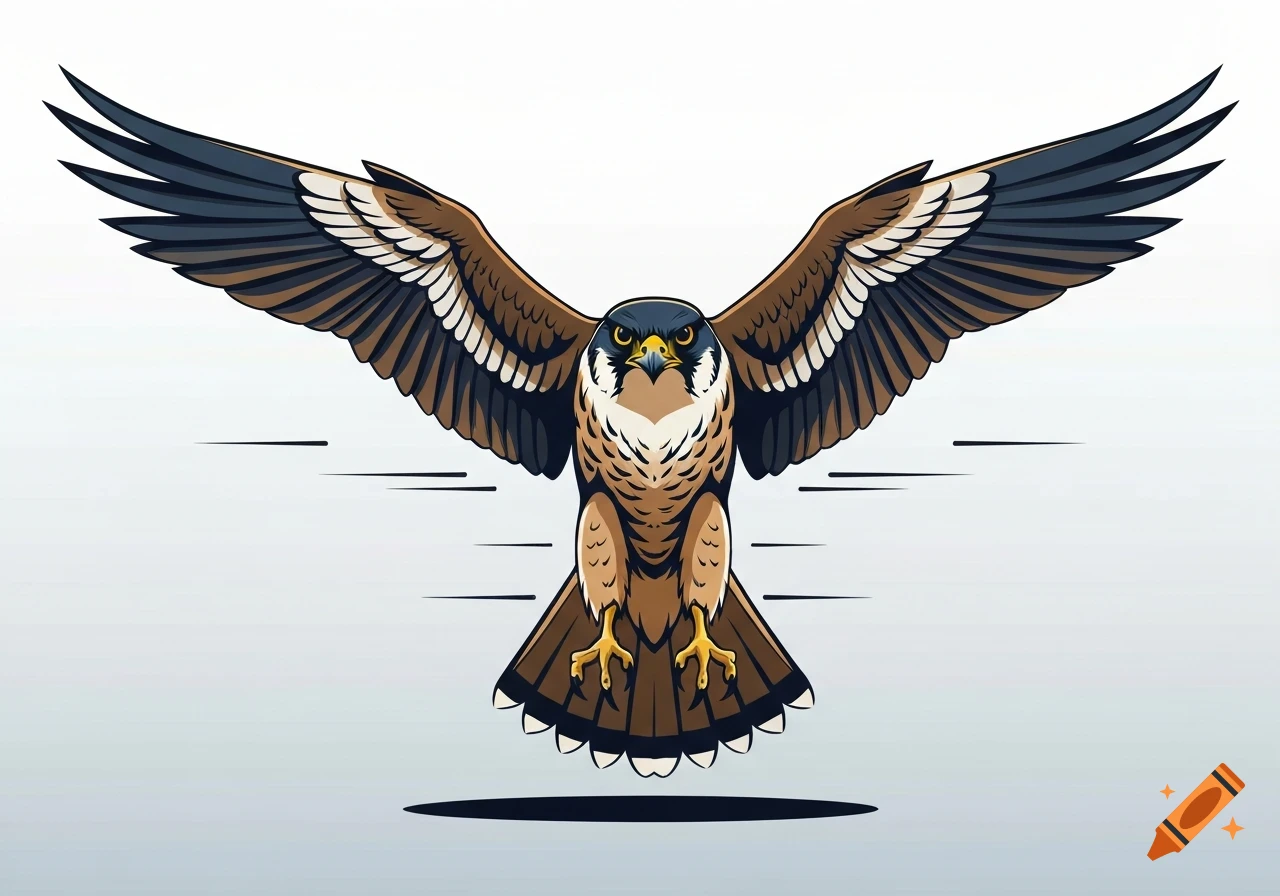 A vector art illustration of a falcon with spread wings, facing forward, as if landing.