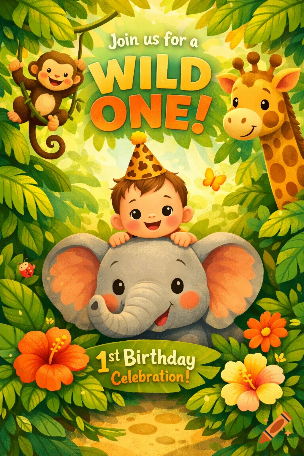 A vibrant jungle-themed 1st birthday invitation featuring a smiling baby on an elephant, with a monkey, giraffe, and tropical foliage.