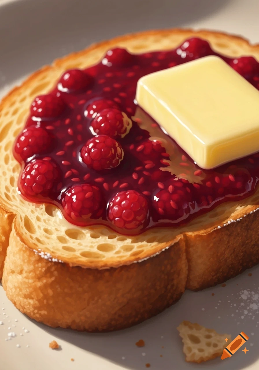 A close-up of a slice of golden toast topped with glistening raspberry jam, whole raspberries, and a yellow pat of butter.