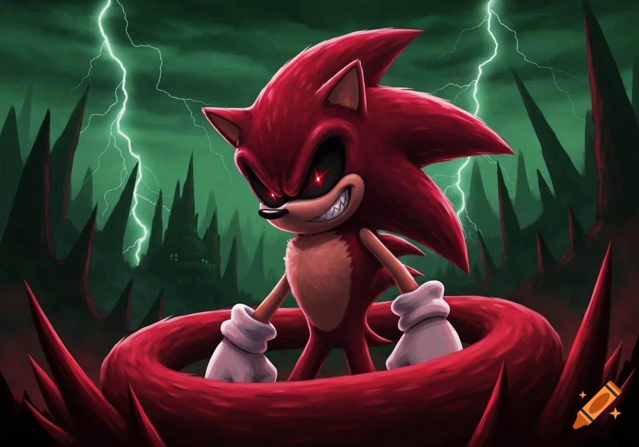 Menacing red Sonic-like character with glowing red eyes and sharp teeth, standing in a dark, spiky landscape with green lightning.