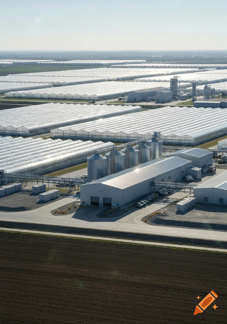 Aerial view of a large agricultural complex with rows of greenhouses, metal silos, and industrial buildings next to barren fields.