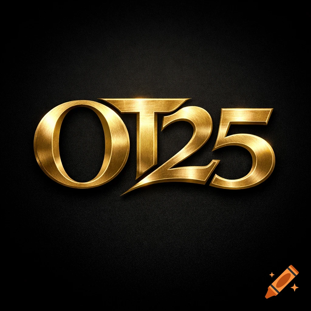 Stylized golden text "OT25" with a brushed metal texture, casting a shadow on a dark, textured background.