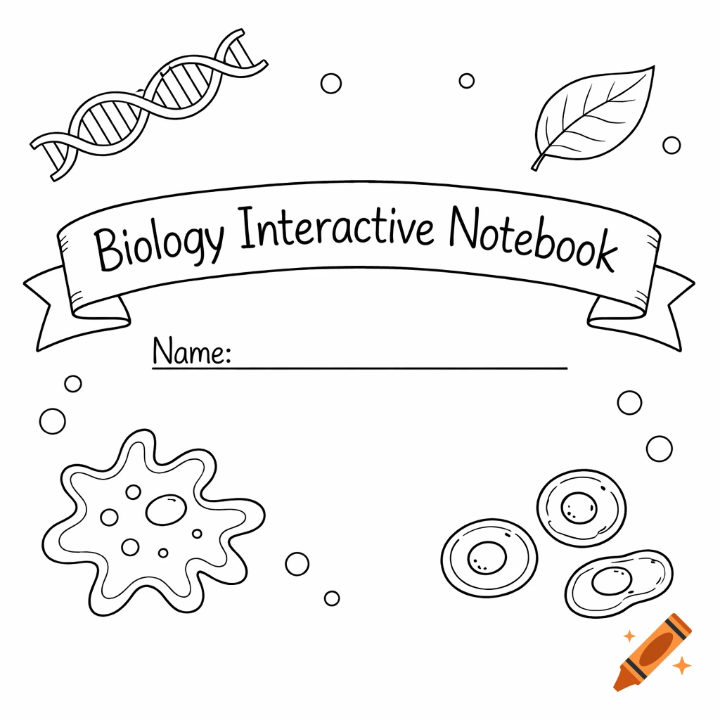 Black and white line drawing of a biology interactive notebook cover with a DNA strand, leaf, amoeba, and cells around a banner reading 'Biology Interactive Notebook' and a 'Name:' line.
