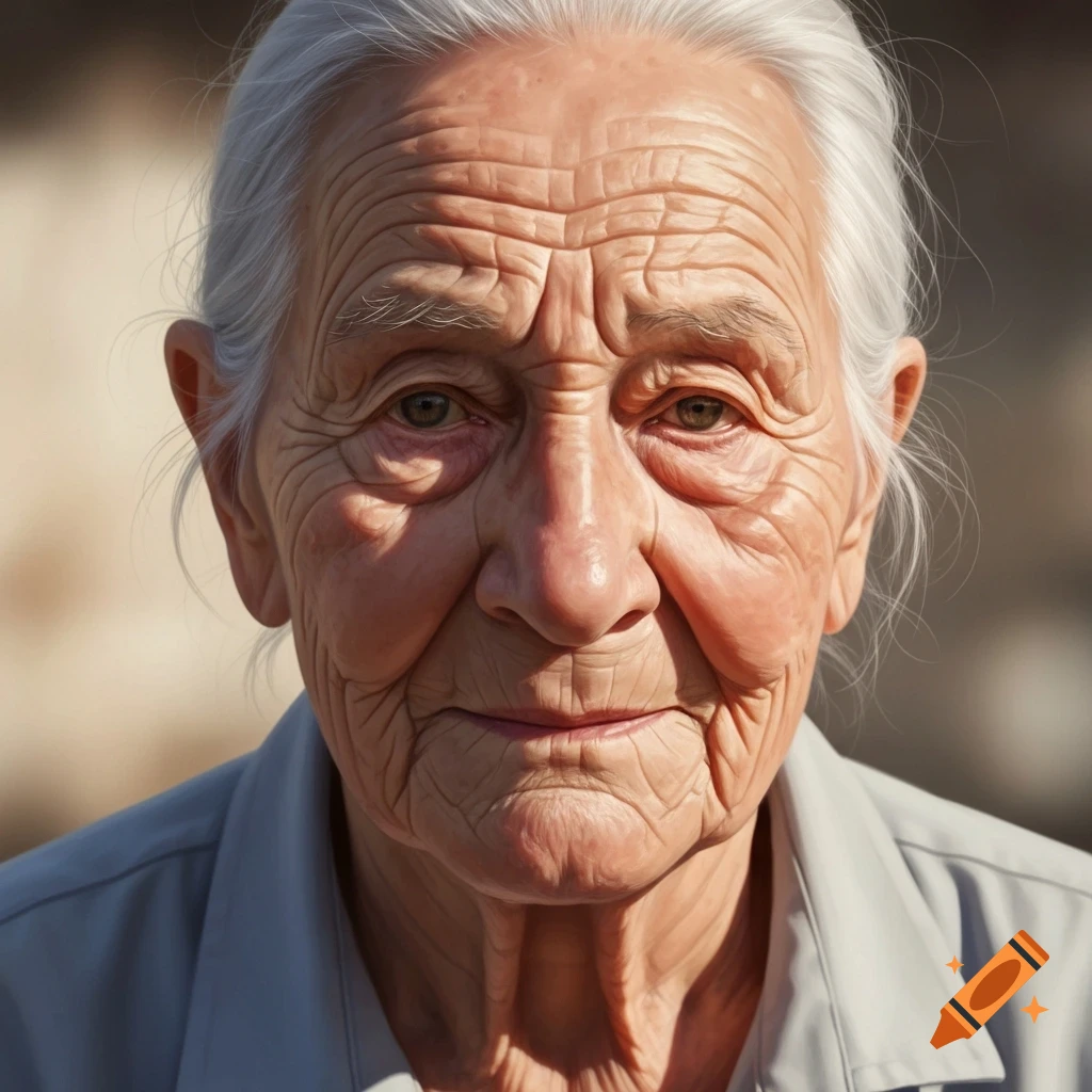 A close-up, photorealistic portrait of an elderly person with white hair and deeply wrinkled skin.
