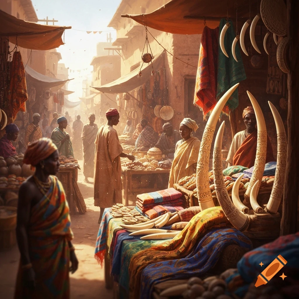Digital painting of a bustling African marketplace, featuring people, colorful fabrics, and ornate carved ivory on display.