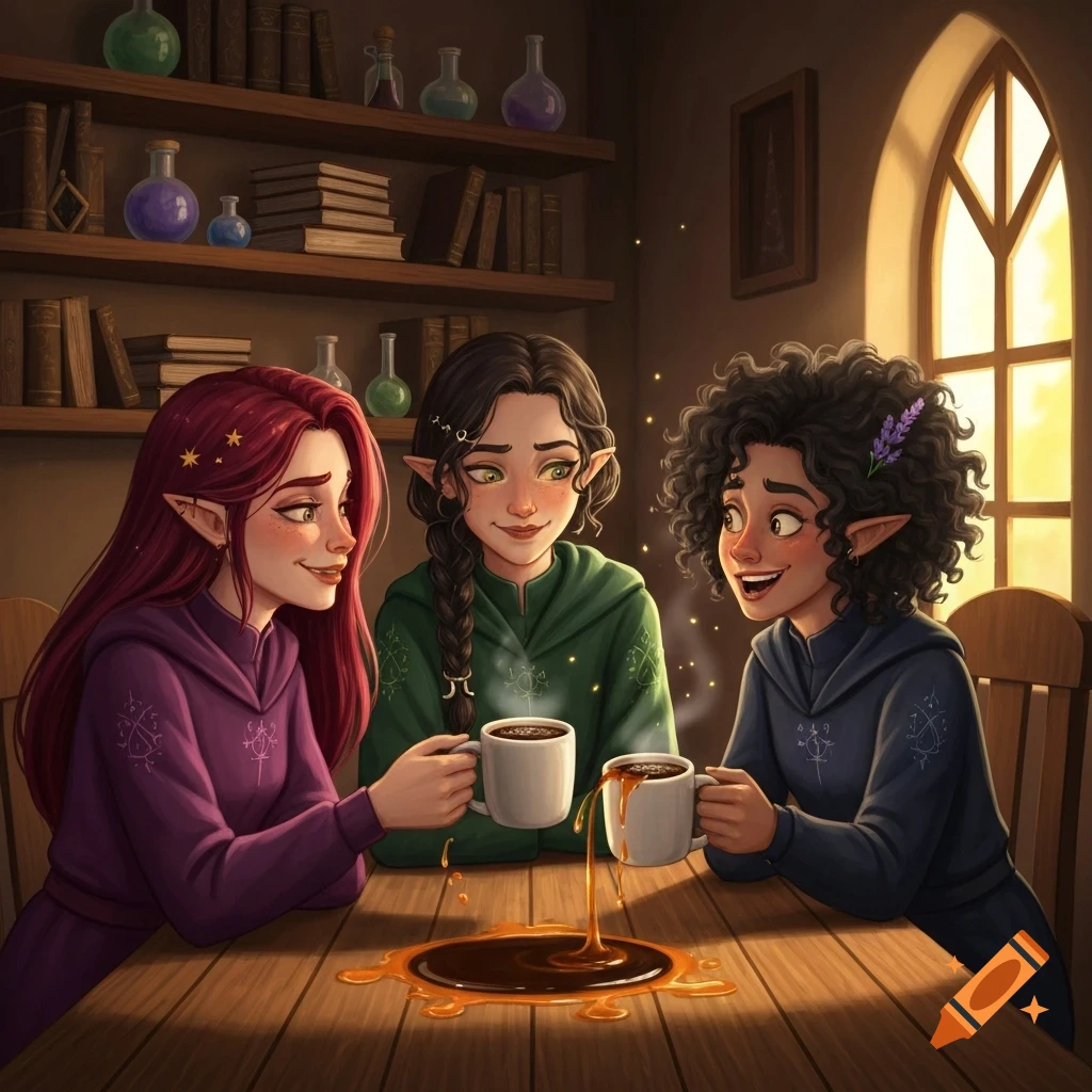 Three elf-like witches with varying hairstyles and colorful cloaks sit at a wooden table, drinking coffee in a cozy room, one cup spilling.