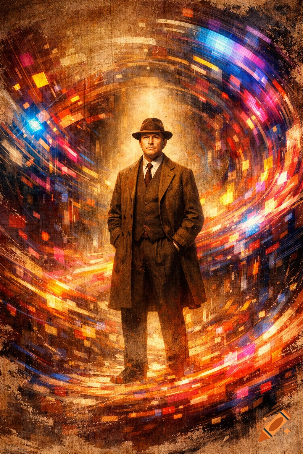 A man in a brown suit and fedora stands centrally, surrounded by a vibrant orange and blue swirl of glowing, abstract light trails with a gritty texture.