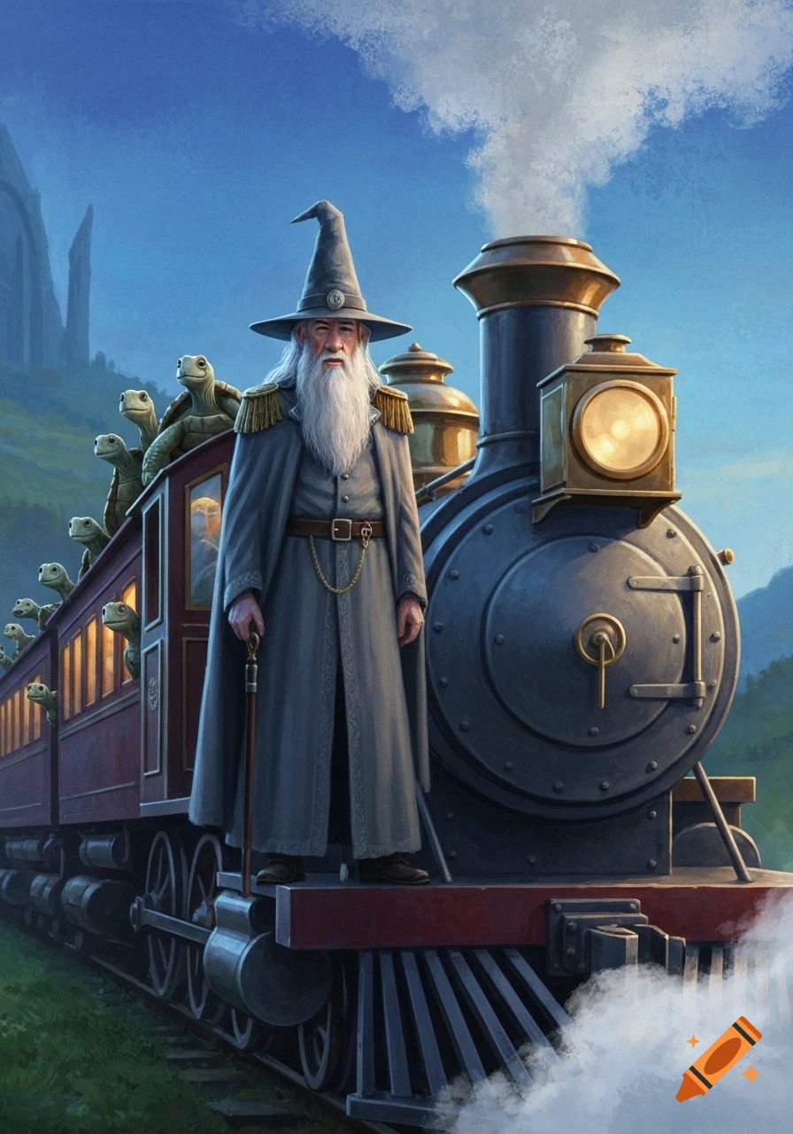A wizard-like figure in a grey cloak and pointed hat stands on the front of a steam train, with turtles riding as passengers in the cars behind him.