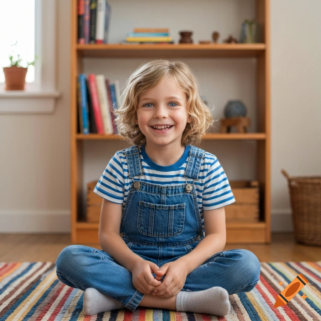 A smiling young boy with blonde curly hair and blue eyes sits cross-legged on a colorful striped rug, with a bookshelf behind him.