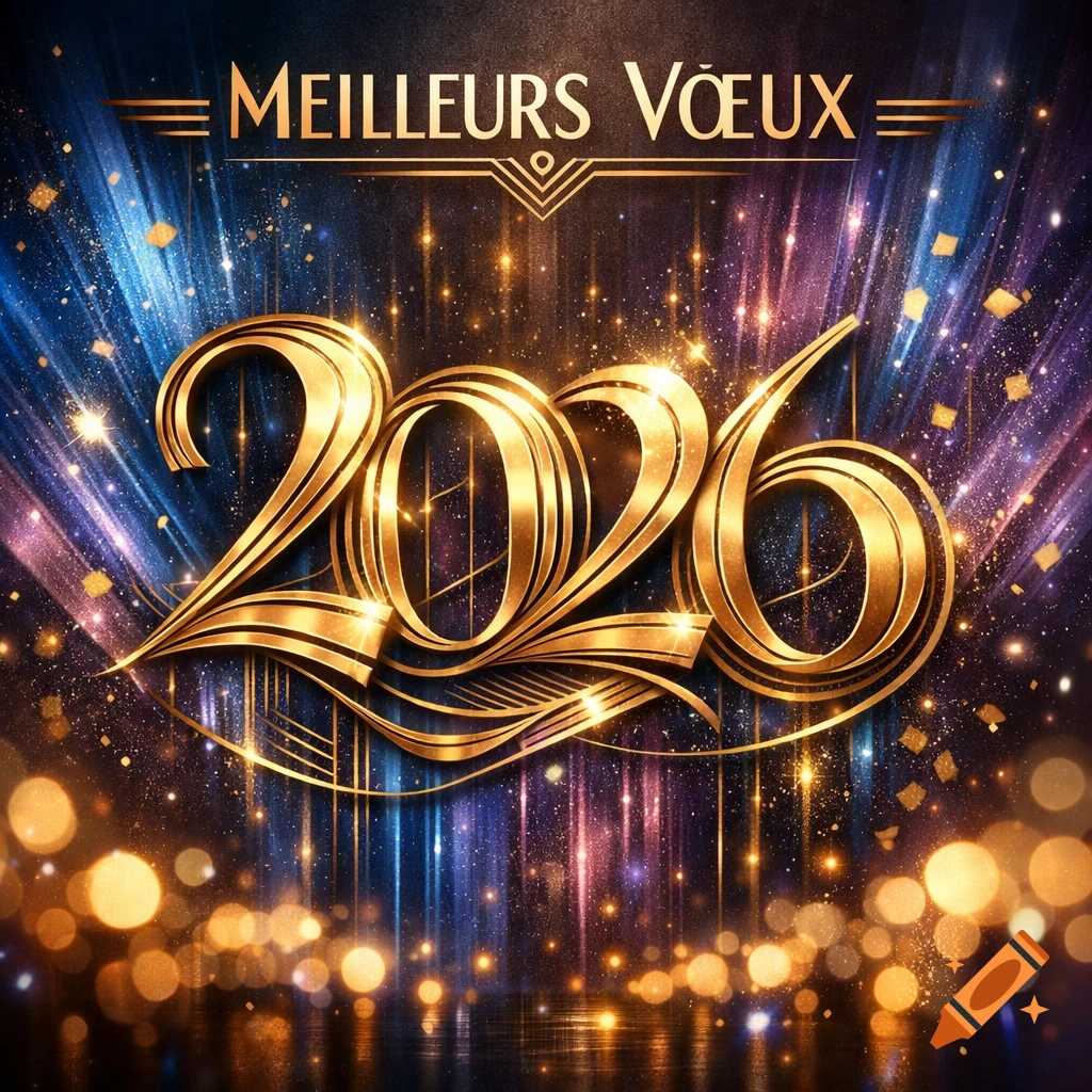 Golden 'MEILLEURS VOEUX 2026' text on a sparkling, festive background with blue, purple, and gold lights.