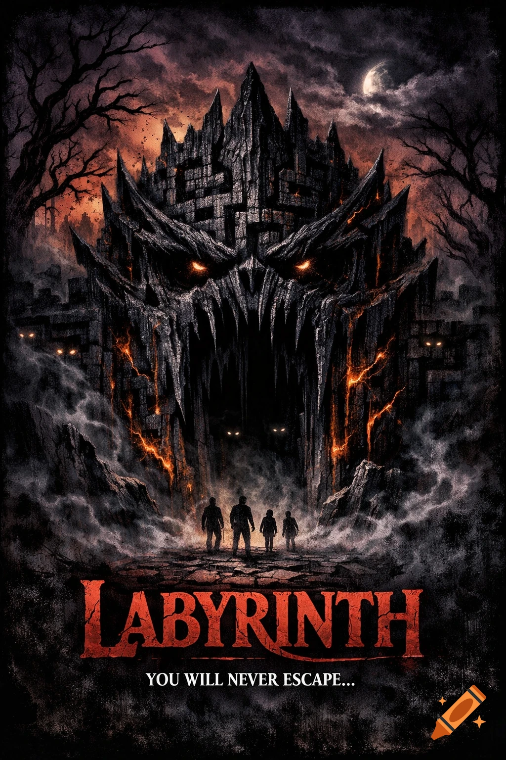 A dark horror movie poster shows a menacing, jagged castle-like labyrinth with glowing orange eyes and cracks, under a stormy sky with a full moon. Four silhouetted figures walk towards its ominous entrance. The title 'LABYRINTH' in red text is at the bottom, with 'YOU WILL NEVER ESCAPE...' below it.
