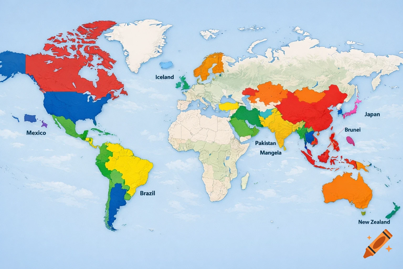 A colorful world map highlighting various countries in North and South America, Europe, Asia, and Oceania, with country names labeled.