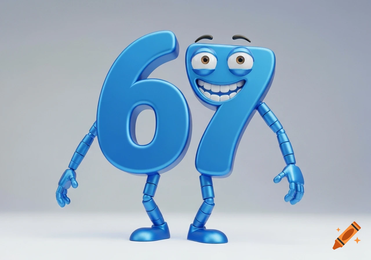 A shiny blue 3D cartoon number 6 and number 7 with a goofy smiling face, jointed arms, and legs.