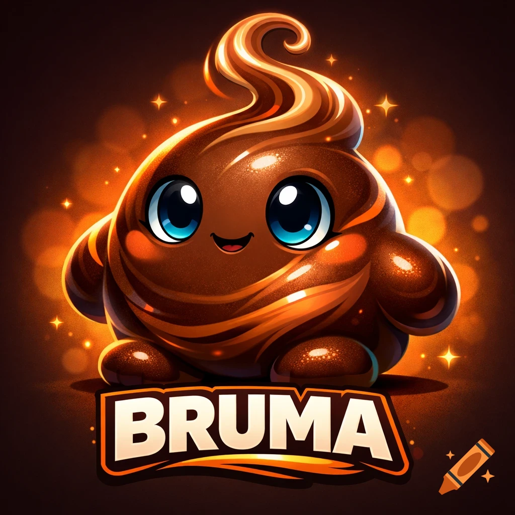 A cute cartoon chocolate swirl mascot with big blue eyes and a small smile, with the word "BRUMA" in bold letters below.