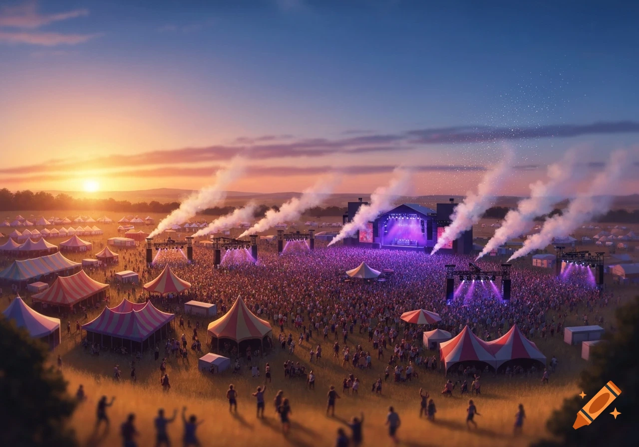 A massive outdoor music festival in a field at sunset, with a large stage glowing purple, smoke effects, and a huge crowd surrounded by colorful tents.