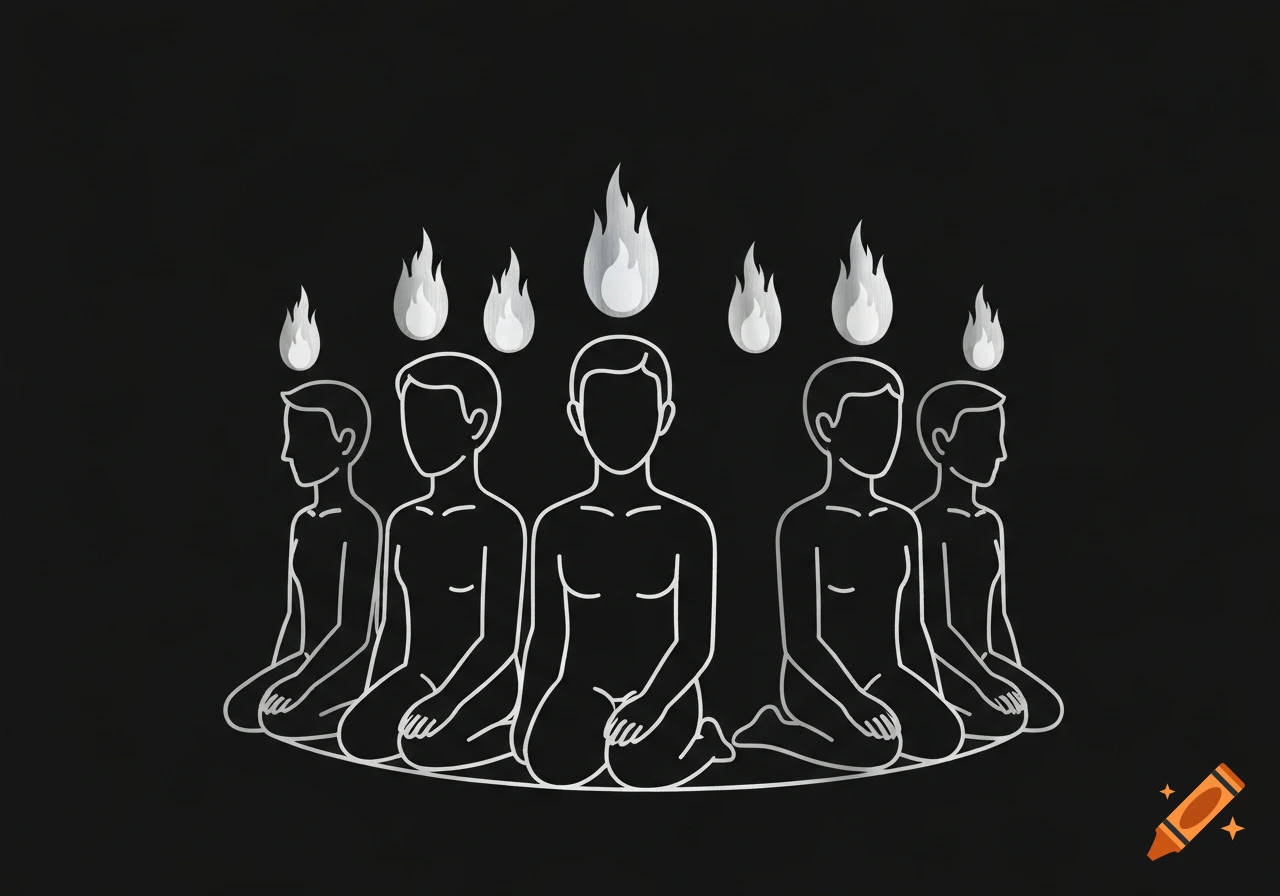 Outline drawing of five kneeling figures with silver flames hovering above their heads on a black background, in a minimalist pictogram style.