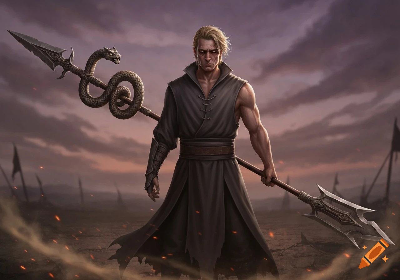 A muscular male fantasy warrior with blonde hair and a one-sleeved dark ...