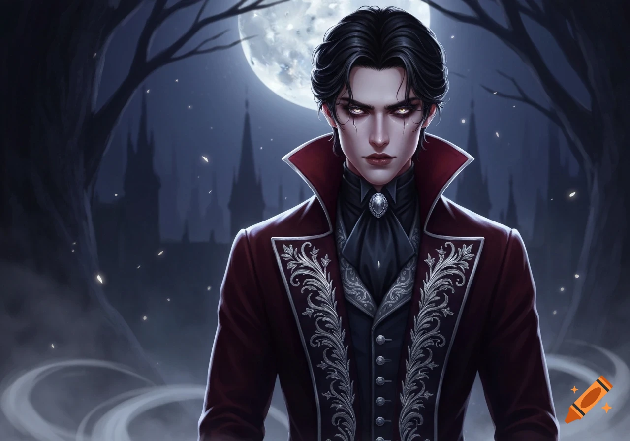 An illustration of a pale, dark-haired male vampire in a red and black ornate suit, standing under a full moon with a castle and bare trees in the background.