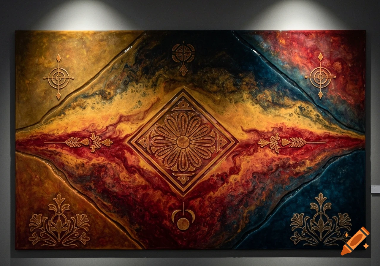 Large abstract epoxy resin painting with gold, red, and blue marbling and intricate Chechen-style decorative motifs.