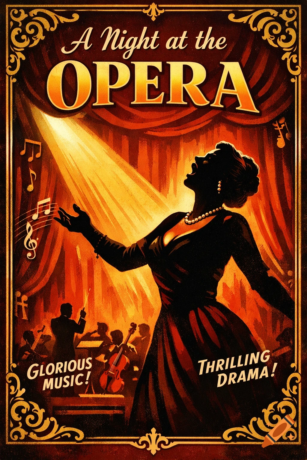 Vintage poster for 'A Night at the Opera' with a silhouetted singer under a spotlight, orchestra, and decorative text.