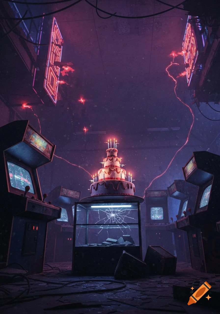 A glowing three-tier birthday cake with candles sits on a cracked display case in a dark, ruined arcade with neon lights and gaming machines, in a cyberpunk style.
