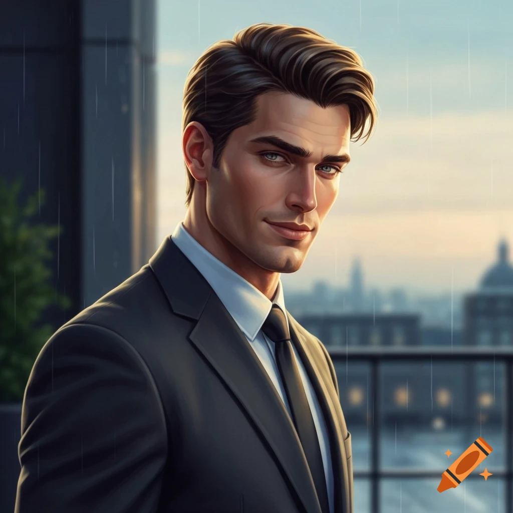 Handsome man in a black suit on a city rooftop at sunset, digital art.